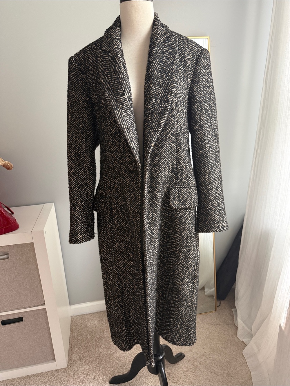 Men’s Black & White Herringbone Peacoat - Classic Tailored Overcoat